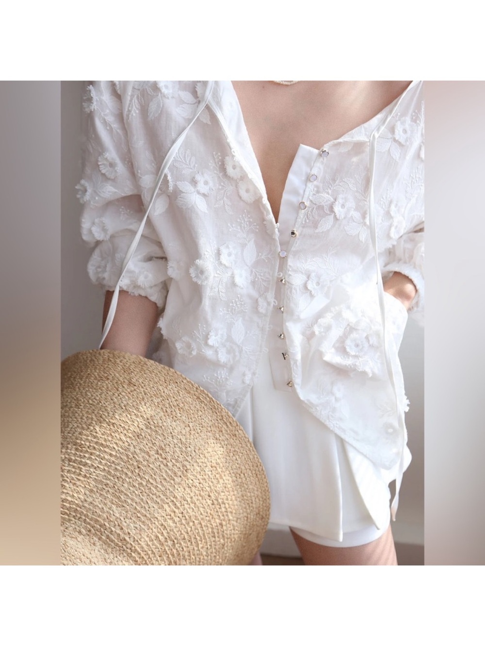 COMMENSE | White Floral Embroidered Lightweight Button-Up Top - Picture 5 of 7